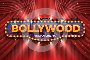 Indian cinema background. Bollywood film poster with red drapes, 3D realistic movie award stage. Vector Bollywood