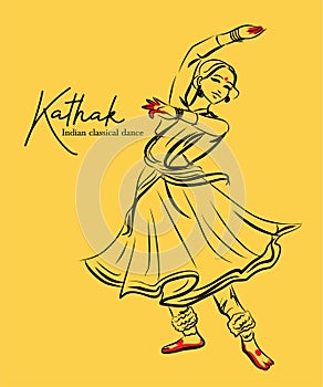 Indian classical dance Kathak sketch or vector illustration