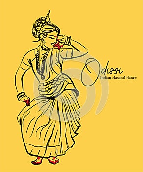 Indian classical dance odissi sketch or vector illustration.