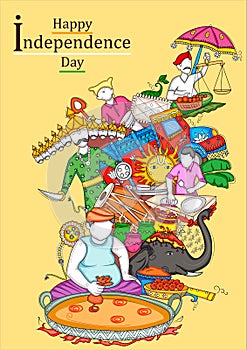 Indian collage illustration showing culture, tradition and festival on Happy Independence Day of India