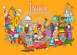 Indian collage illustration showing culture, tradition and festival on Happy Independence Day of India