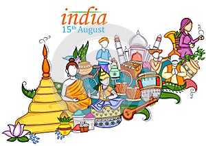 Indian collage illustration showing culture, tradition and festival on Happy Independence Day of India