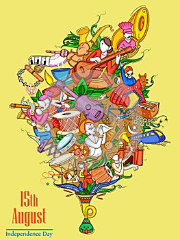 Indian collage illustration showing culture, tradition and festival on Happy Independence Day of India