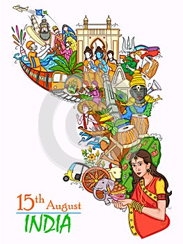 Indian collage illustration showing culture, tradition and festival on Happy Independence Day of India