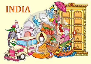 Indian collage illustration showing culture, tradition and festival of India