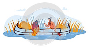 Indian comrades boat, traditional work, river background, brushwood picking, roof repair design, flat style vector