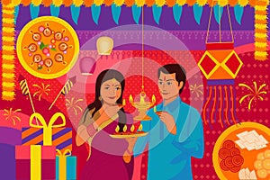 Indian couple with diya Happy Diwali festival background kitsch art India