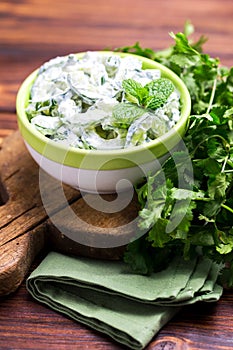 Indian cucumber raita with yoghurt, mint, cilantro. Greek tzatziki sauce