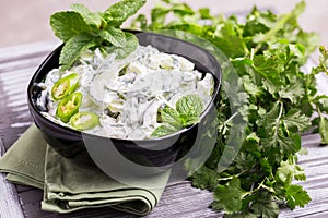 Indian cucumber raita with yoghurt, mint, cilantro. Greek tzatziki sauce