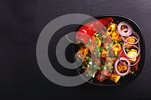 Indian cuisine. Paneer Tikka Kabab. Asian salad. Top view