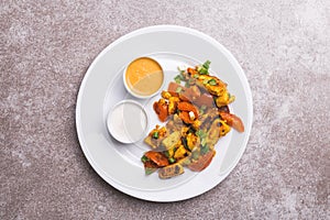 Indian cuisine. Paneer Tikka Kabab. Asian salad. Top view