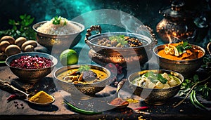 Indian cuisine table full of food