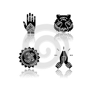 Indian culture drop shadow black glyph icons set
