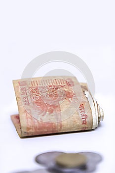 Indian currency bank notes of 10, 20 rupees, Indian currency note Folded on white backgrounds