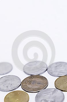 Indian currency coins, growth in money on white background with space for text