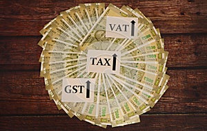 Indian Currency with text vat, tax and gst.