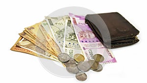 Indian Currency Two Thousand and Five Hundred with Coins and Wallets