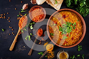 Indian dal. Traditional Indian soup lentils. Indian dal. Food. Traditional Indian soup lentils. Indian Dhal spicy curry in bowl, photo