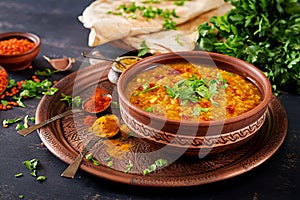 Indian dal. Traditional Indian soup lentils. photo