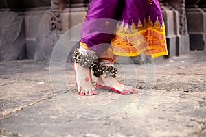 Indian Dance Form Odissi.Dance form indian classical feet with ghungru. close up, copy space. classical Indian culture. photo