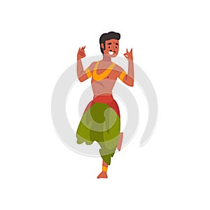 Indian Dancer in Traditional Clothes, Young Smiling Man Performing Folk Dance Vector Illustration