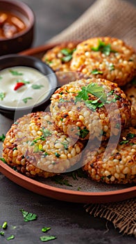 Indian delicacy Sabudana vada, made from sago, served with chutney