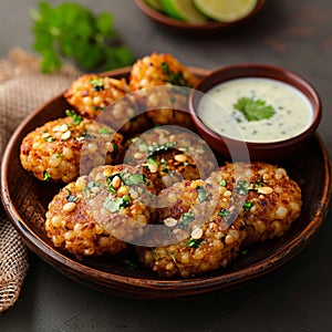 Indian delicacy Sabudana vada, made from sago, served with chutney