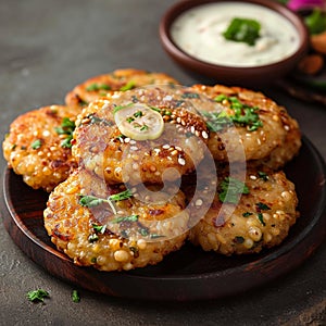 Indian delicacy Sabudana vada, made from sago, served with chutney