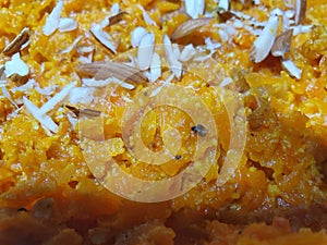 Indian delicious Traditional gajjar ka halwa or carrot desert garnised by almonds