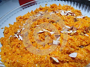 Indian delicious Traditional gajjar ka halwa,garnise by almonds