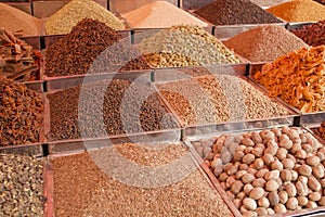 Indian different colored powders and spice seeds in square metal trays on the counter