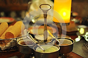 Indian dinner with roti bread and chutneys