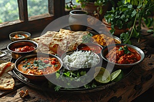 Indian dish with chicken curry, rice, naan bread and snacks. Indian cuisine.