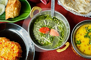 Indian dishes. Rice, dal, Palak paneer, chapatti