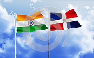 Indian,Dominican Republic flags together waving against blue sky