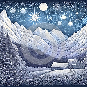 Indian drawing a night in the mountains on a starry night.