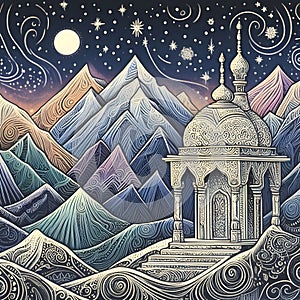 Indian drawing a night in the mountains on a starry night.