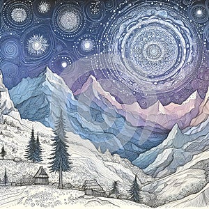 Indian drawing a night in the mountains on a starry night.