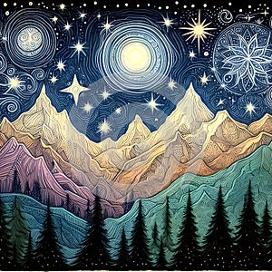 Indian drawing a night in the mountains on a starry night.