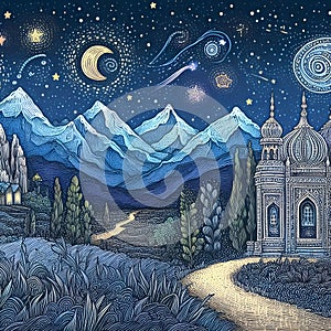 Indian drawing a night in the mountains on a starry night.