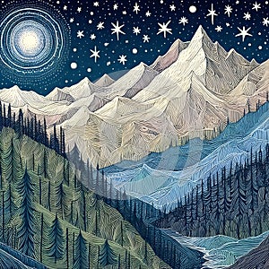 Indian drawing a night in the mountains on a starry night.