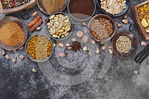 Indian dried spices and nuts in bowls