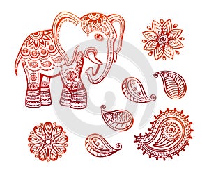 Indian ethnic elephant with african tribal ornaments lotus and paisley set