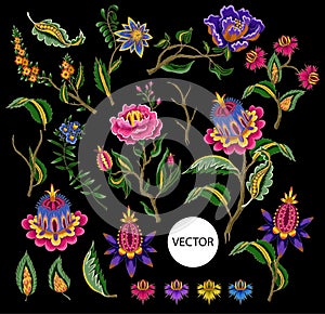 Indian ethnic ornament elements. Folk flowers and leaves for print or embroidery. Vector illustration. photo