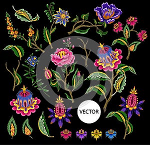 Indian ethnic ornament elements. Folk flowers and leaves for print or embroidery. Vector illustration.