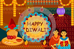 Indian family celebrating Bhai Dooj during Happy Diwali festival background kitsch art India