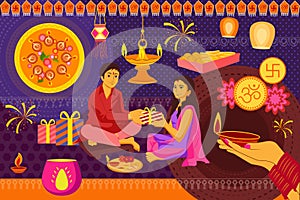 Indian family celebrating Bhai Dooj during Happy Diwali festival background kitsch art India