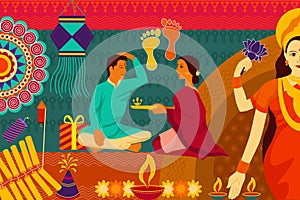 Indian family celebrating Bhai Dooj during Happy Diwali festival background kitsch art India