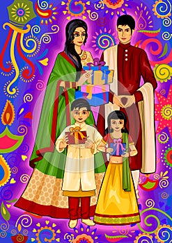Indian family with gift for Diwali festival celebration in India