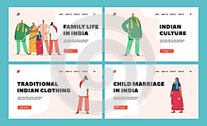Indian Family Landing Page Template. Male and Female Characters Wear Traditional Clothes. Smiling Parents